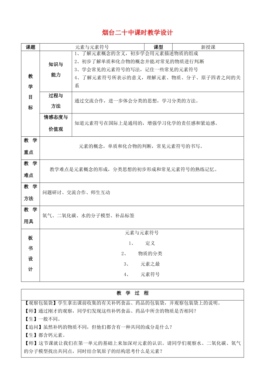 山东省烟台20中九年级化学《元素与元素符号》教学设计_第1页