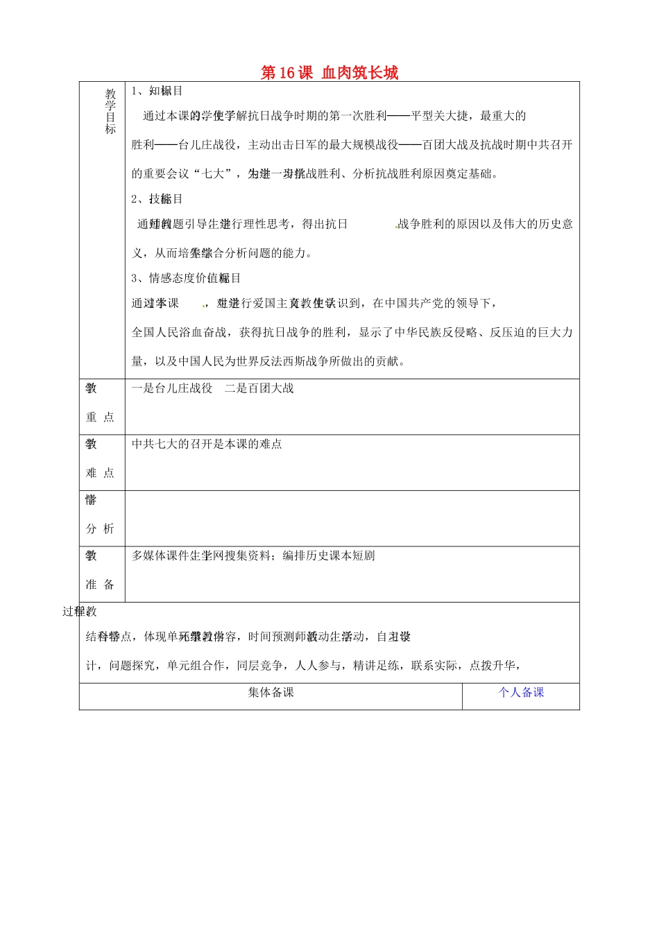 山东省淄博市临淄区第八中学八年级历史上册《第16课 血肉筑长城》教案 新人教版_第1页