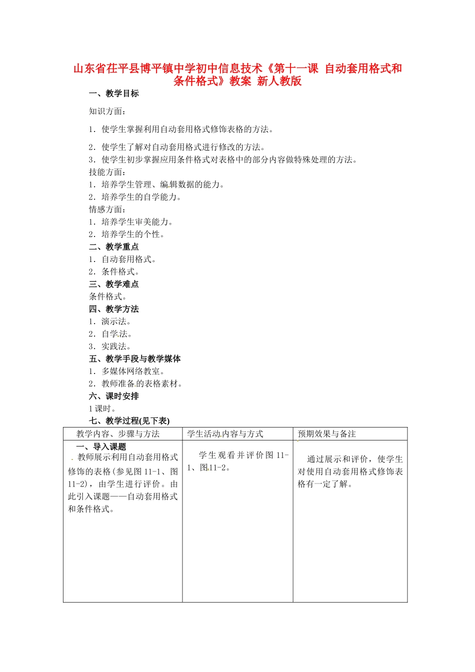 山东省茌平县博平镇中学初中信息技术《第十一课 自动套用格式和条件格式》教案 新人教版_第1页