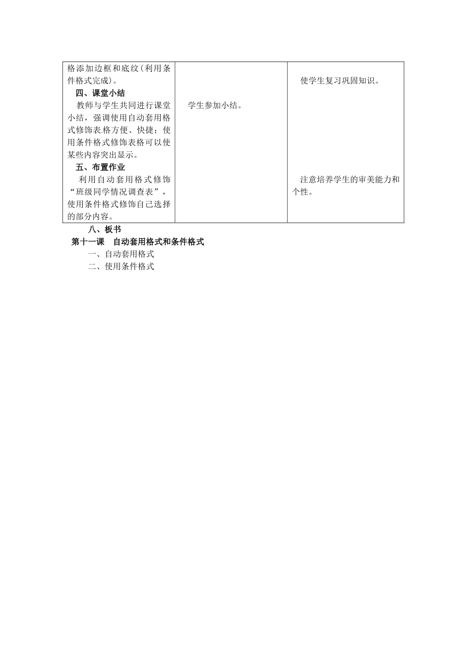 山东省茌平县博平镇中学初中信息技术《第十一课 自动套用格式和条件格式》教案 新人教版_第3页
