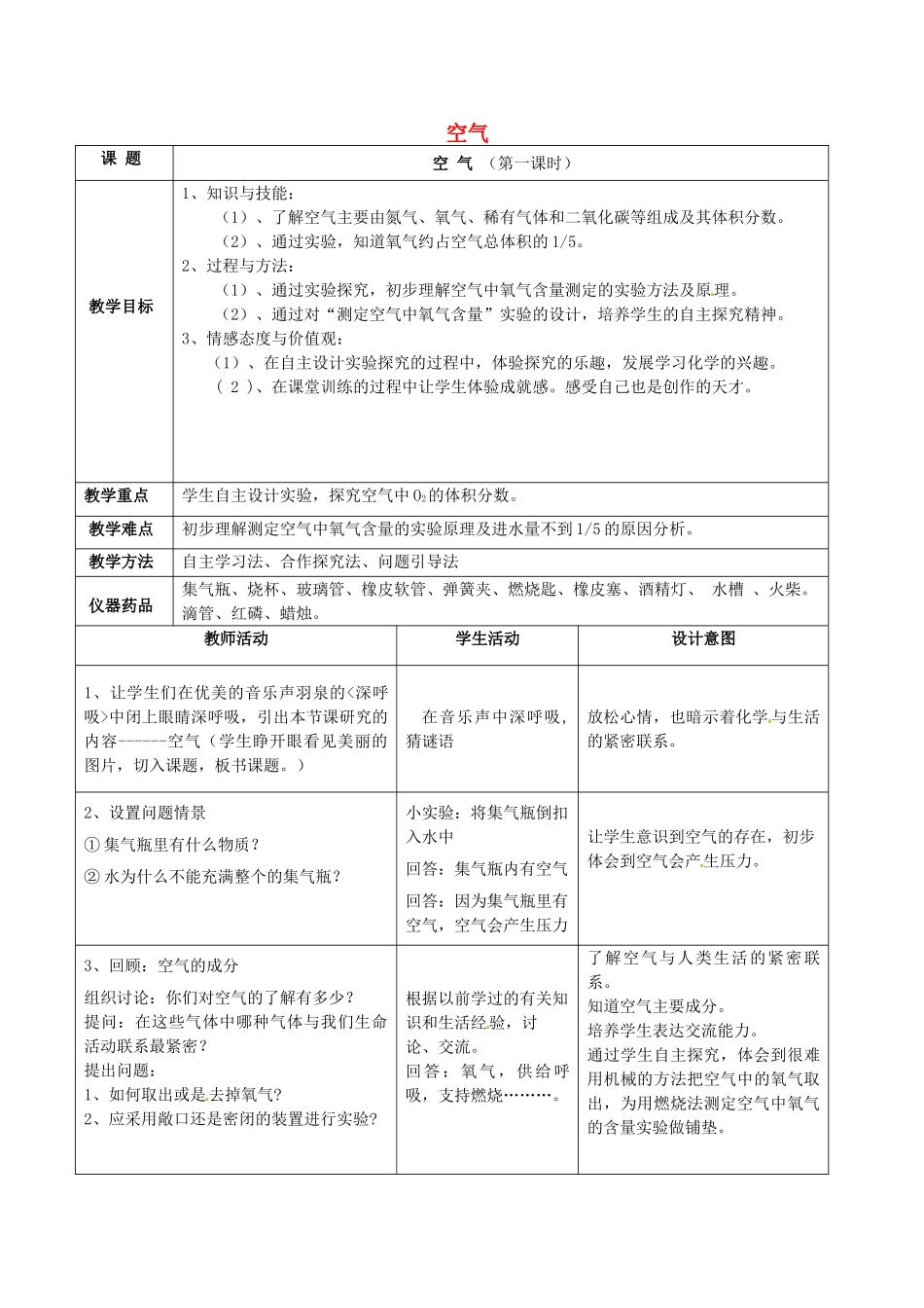 云南省景洪市第三中学九年级化学上册 第二单元 课题1 空气教案 新人教版_第1页