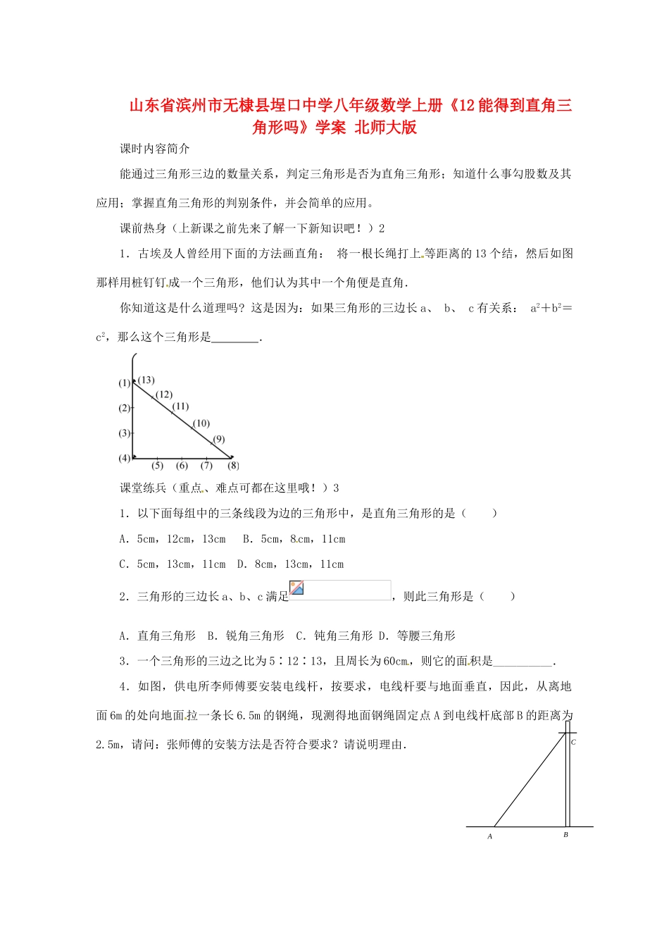 山东省滨州市无棣县埕口中学八年级数学上册《1.2能得到直角三角形吗》学案 北师大版_第1页
