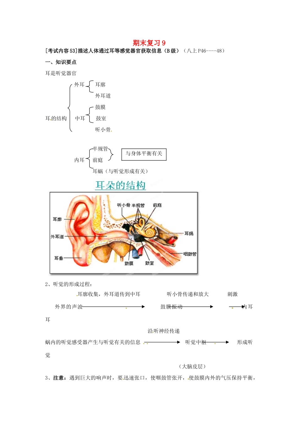 江苏省徐州市王杰中学八年级生物下册《期末复习9—描述人体通过耳等感觉器官获取信息》学案 苏科版_第1页