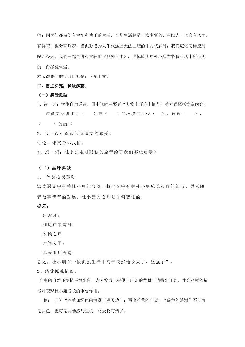 九年级语文上册 第10课《孤独之旅》精品导学案 新人教版-新人教版初中九年级上册语文学案_第2页