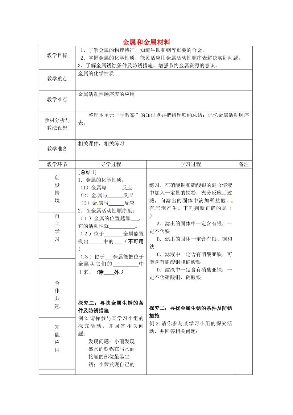 山东省临沂市蒙阴县第四中学九年级化学下册 第八单元 金属和金属材料复习教案 新人教版_第1页