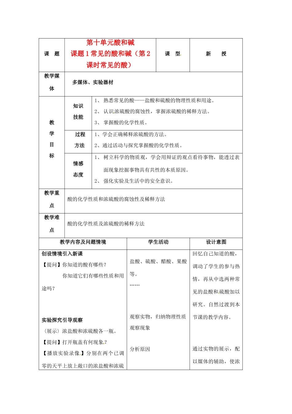 九年级化学下册 10.1常见的酸和碱 第2课时常见的酸教案 人教新课标版_第1页