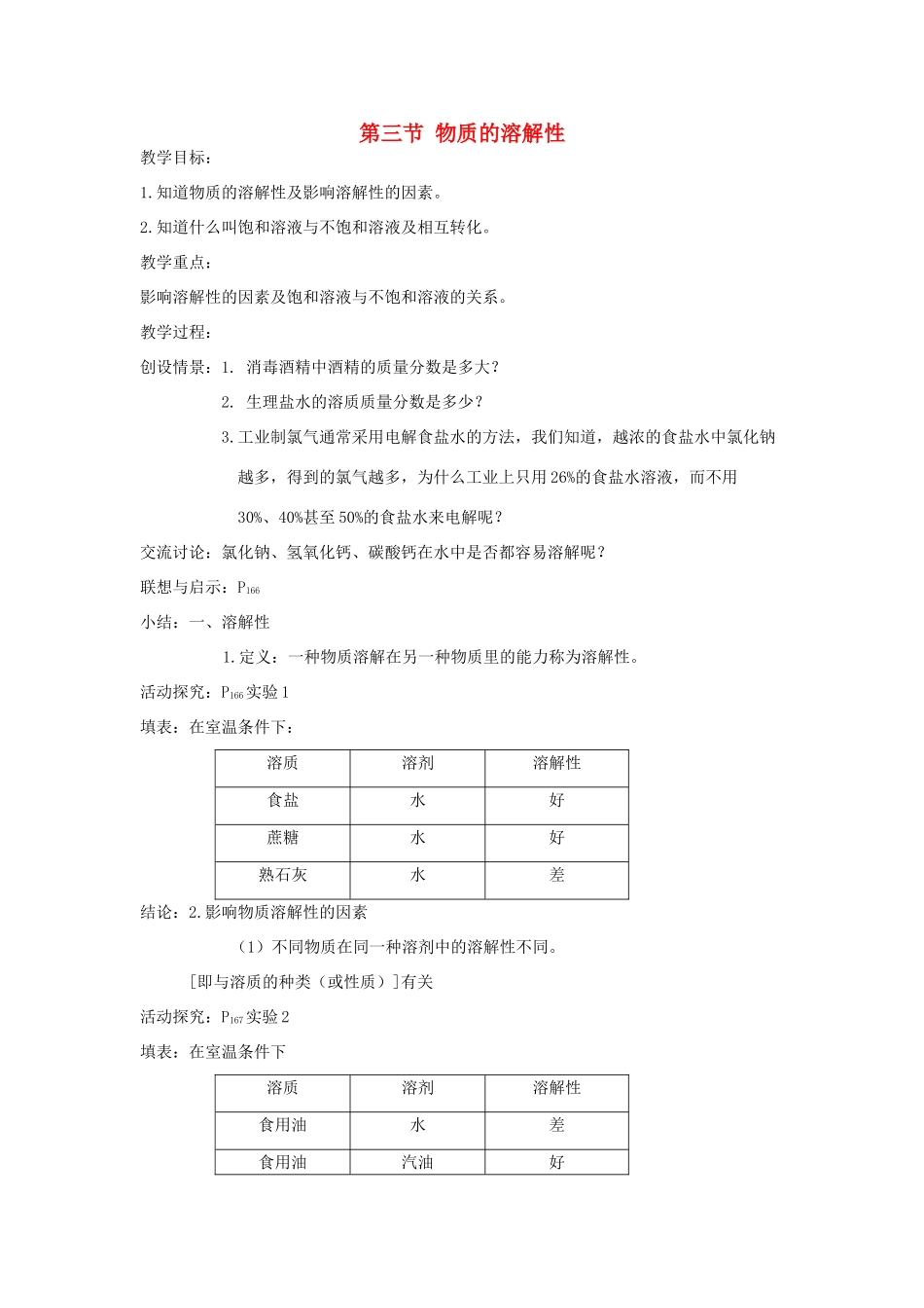 九年级化学：第六章第三节物质的溶解性教案沪教版_第1页