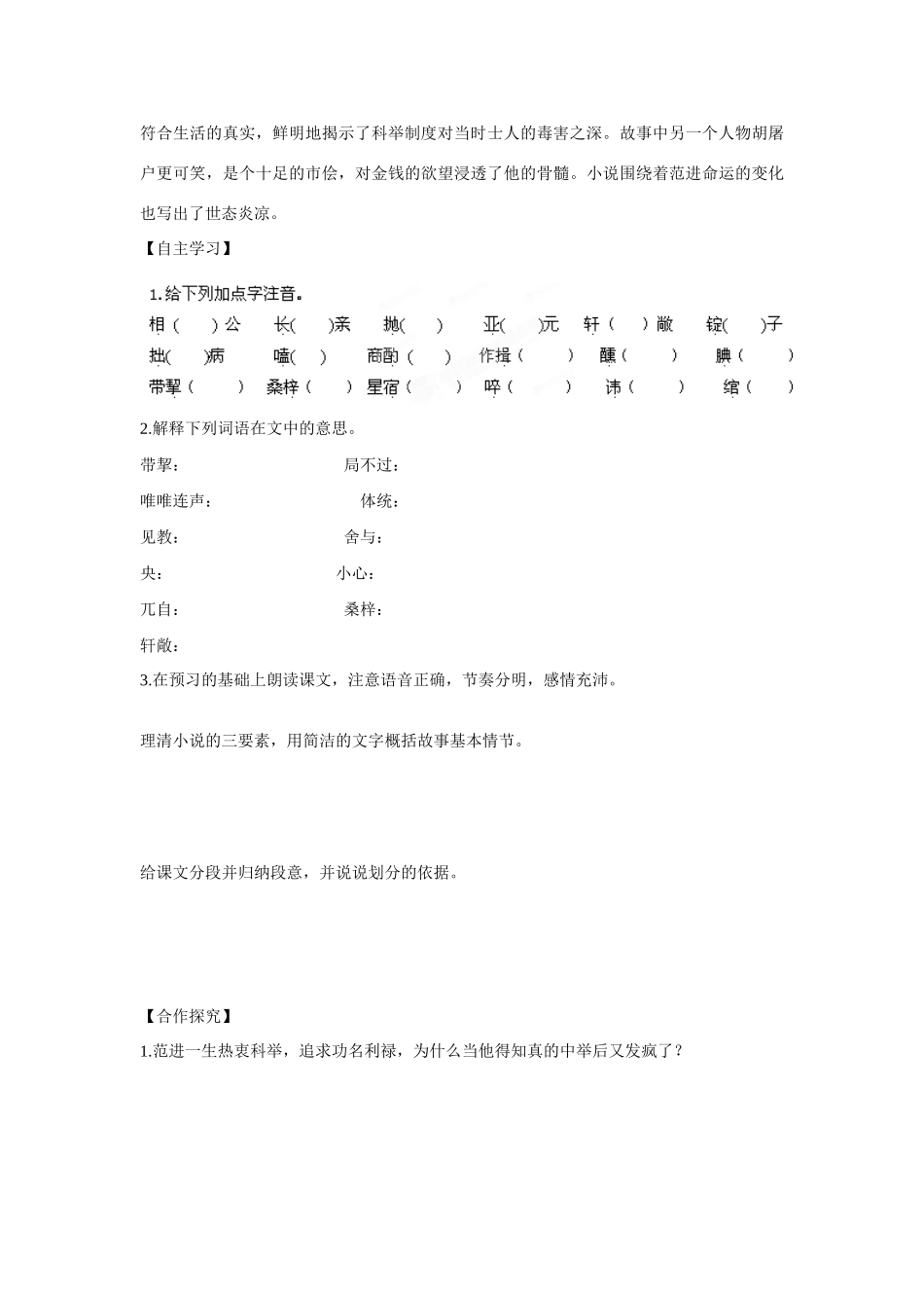 江西省抚州市金溪二中九年级语文上册 第19课 范进中举导学案 新人教版_第3页