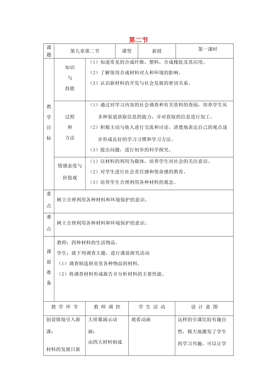 九年级化学全册 第九单元 化学与社会 9.2 化学与材料研制教案 鲁教版-鲁教版初中九年级全册化学教案_第1页