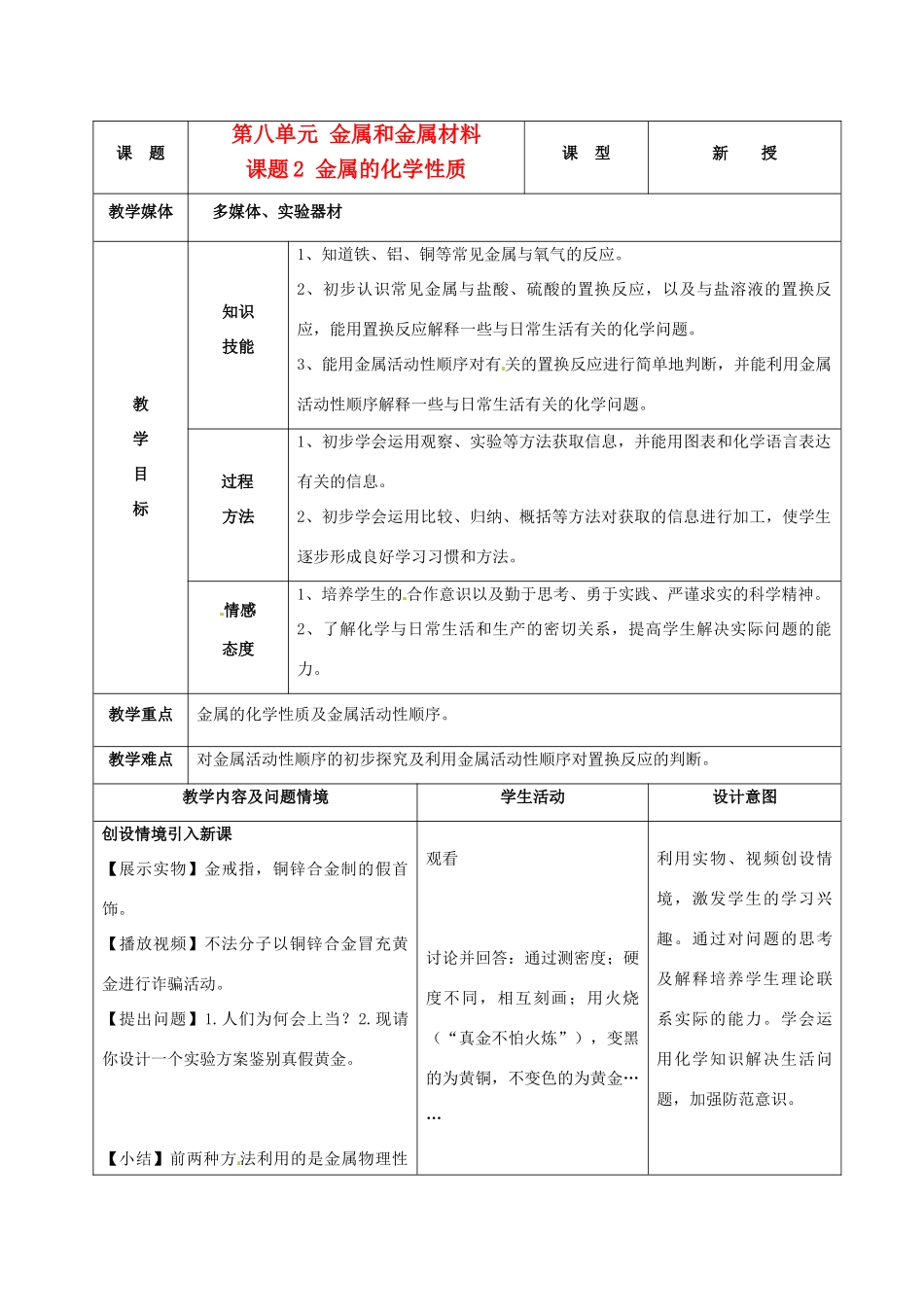 九年级化学下册 8.2金属的化学性质教案 人教新课标版_第1页