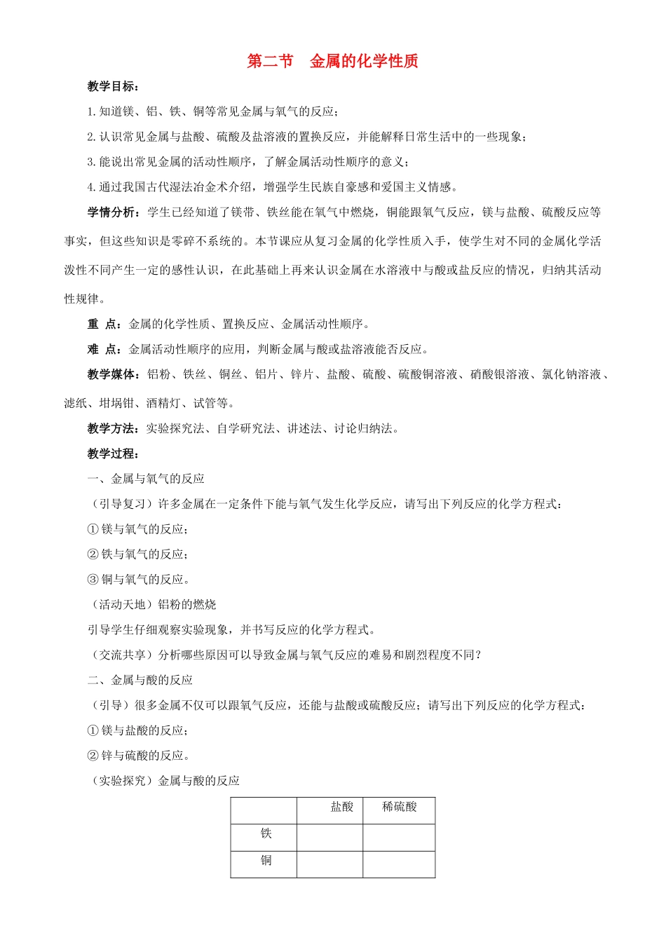 九年级化学下册 第九单元 金属 第二节 金属的化学性质教案 （新版）鲁教版-（新版）鲁教版初中九年级下册化学教案_第1页