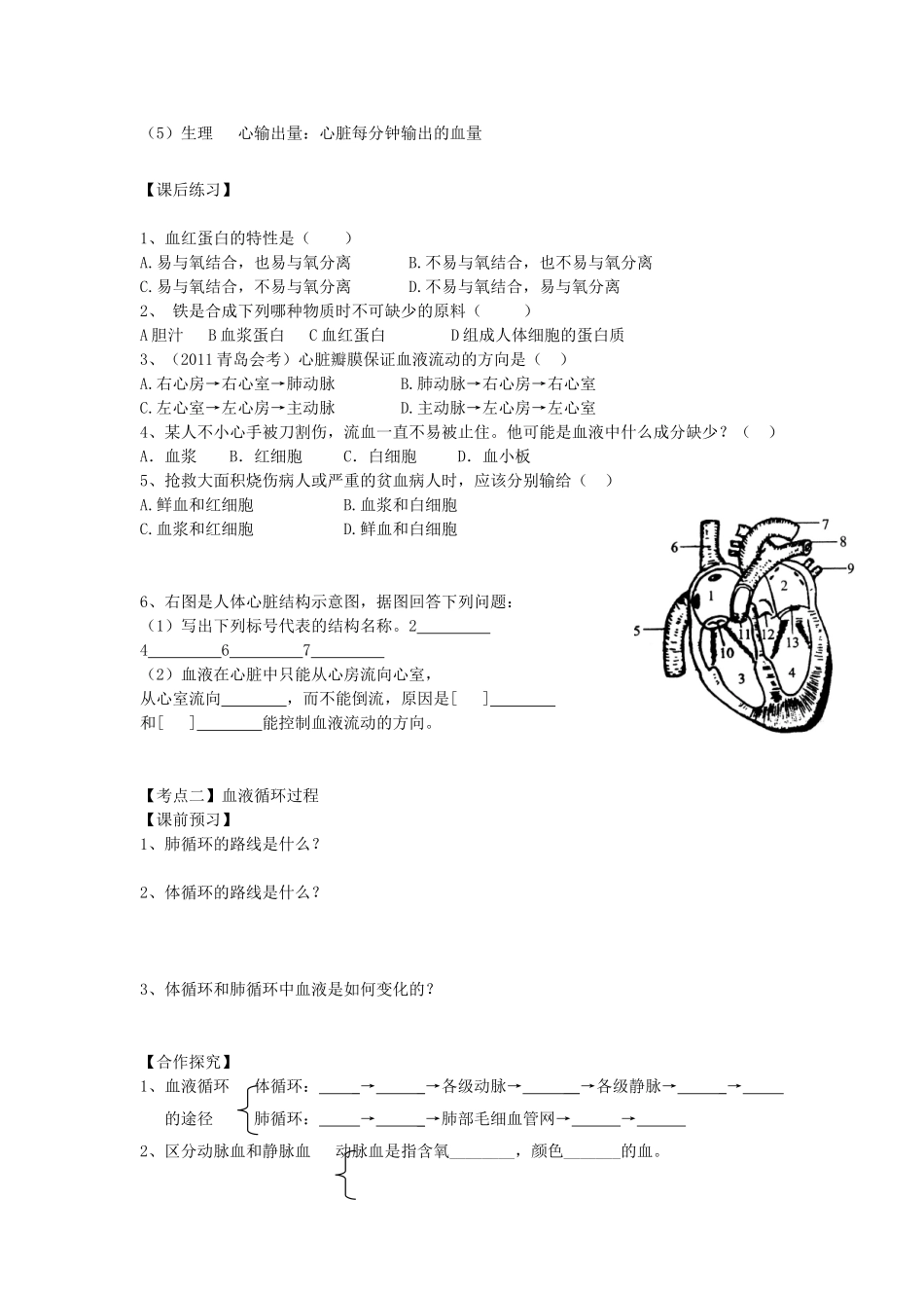 重庆市江津五中七年级生物下册 第二章 爱护心脏 确保运输 第三节 物质运输的路线学案（无答案）_第2页