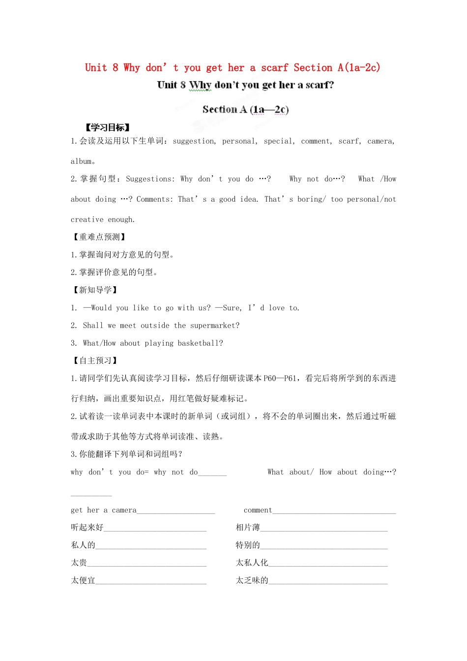 江西省金溪县第二中学八年级英语下册 Unit 8 Why don’t you get her a scarf Section A(1a-2c)导学案 人教新目标版_第1页