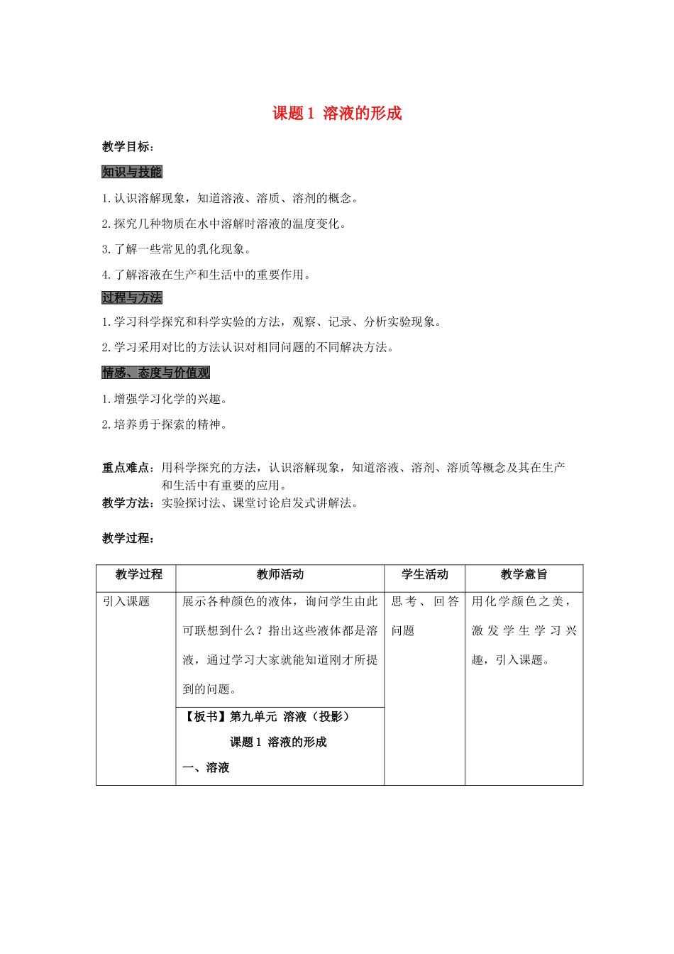 春九年级化学下册 第九单元 溶液 课题1 溶液的形成教案 （新版）新人教版-（新版）新人教版初中九年级下册化学教案_第1页