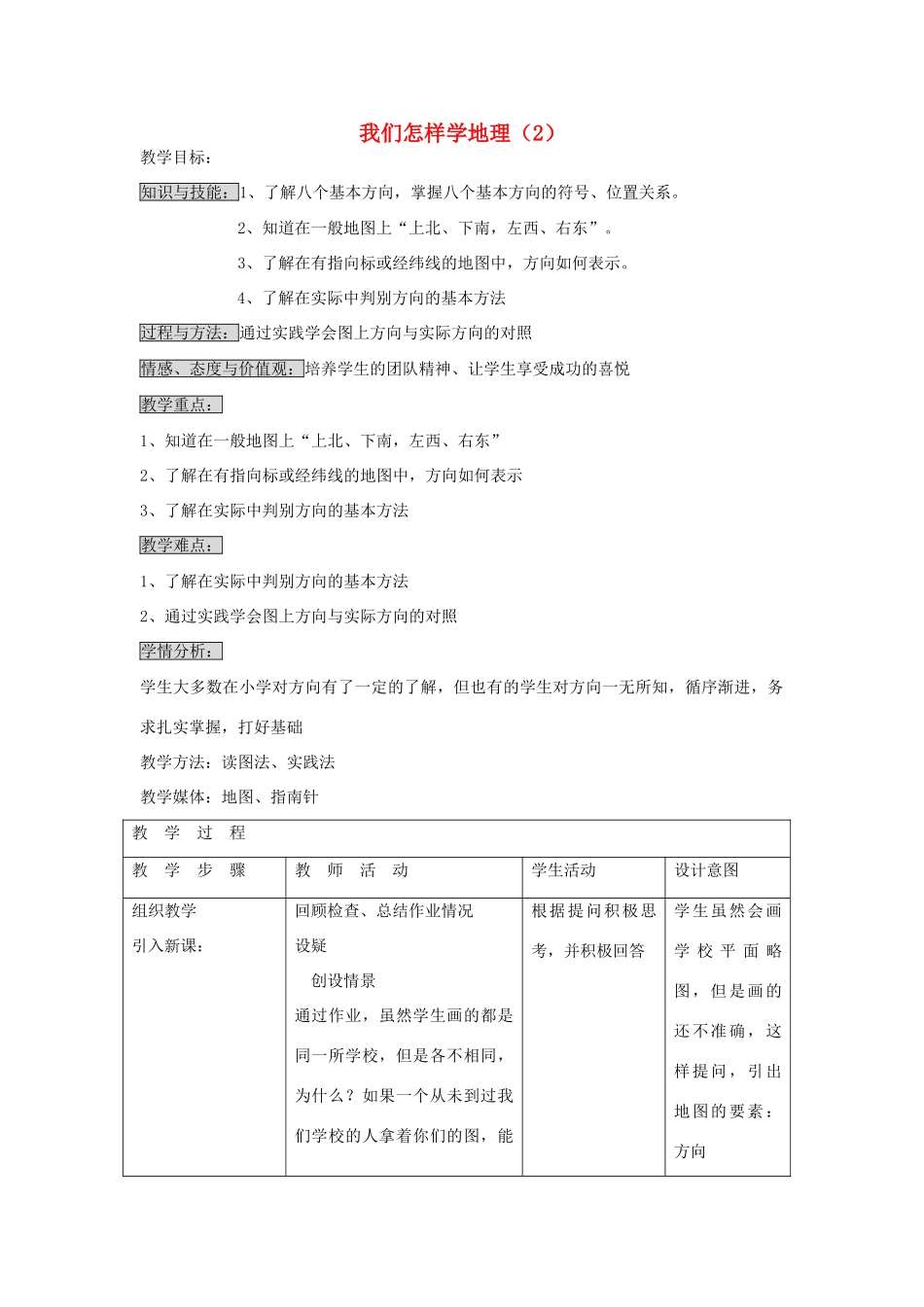 江苏省泗阳实验初中七年级地理上册 1.2《怎样学地理》教案（2） 湘教版_第1页