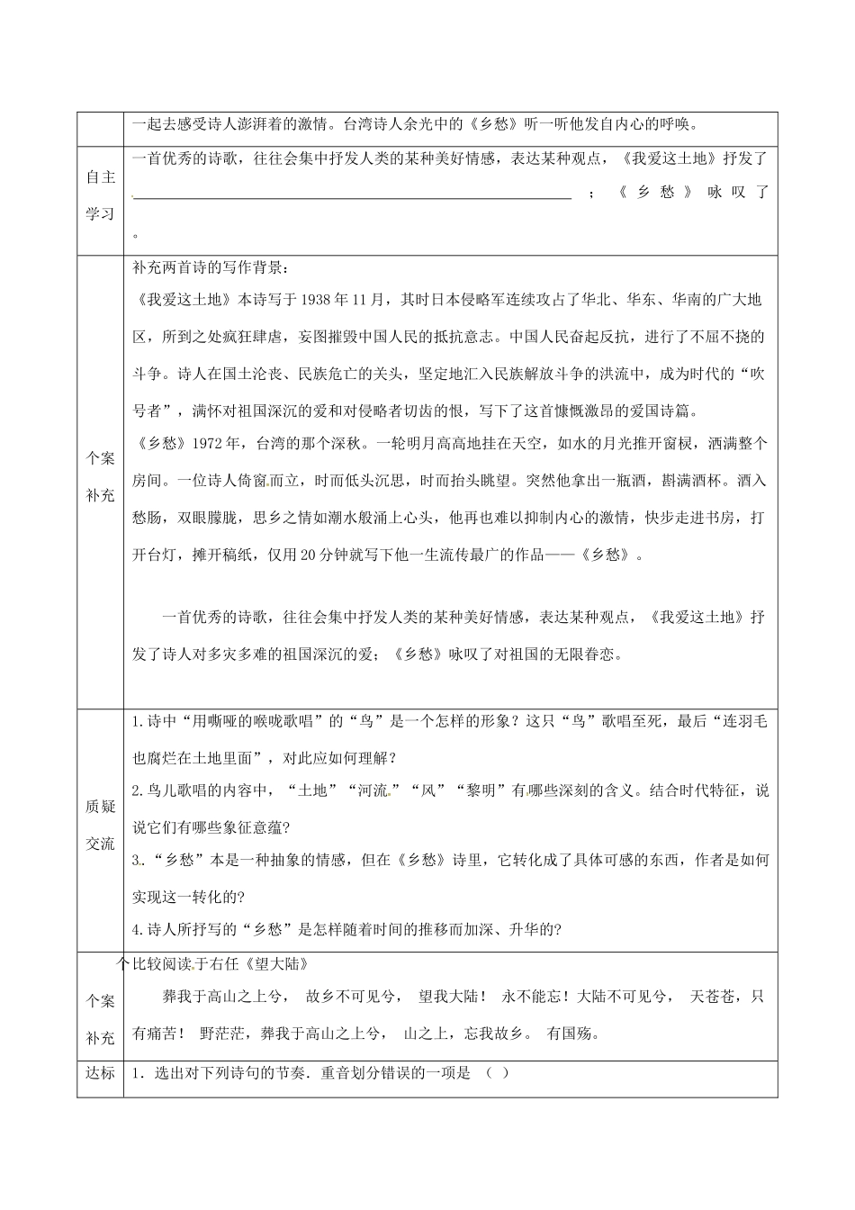 天津市滨海新区九年级语文下册 第一单元 1 诗两首导学案 （新版）新人教版-（新版）新人教版初中九年级下册语文学案_第2页