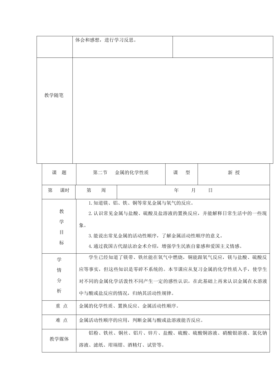 九年级化学全册 第九单元《金属》第一节 常见的金属材料（第2课时）教案 鲁教版_第2页