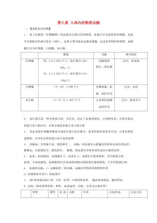 生物：第9章人体内的物质运输复习学案（北师大版七年级下）
