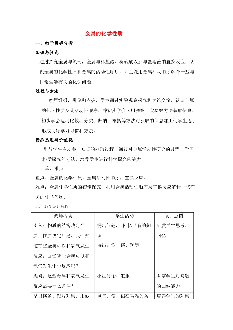 九年级化学下册《金属化学性质》教案粤教版_第1页