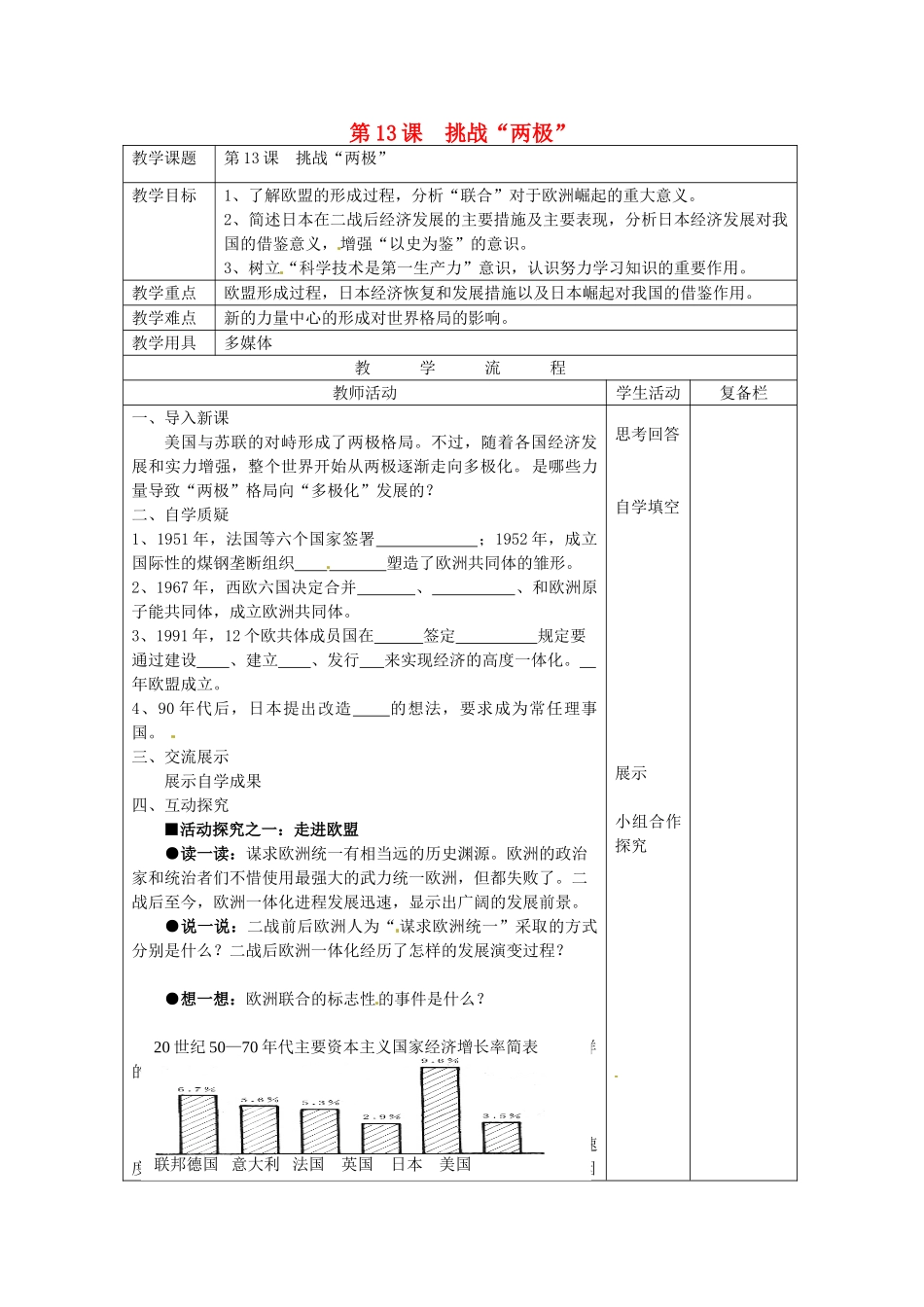 九年级历史下册 第13课 挑战“两极”教案 北师大版-北师大版初中九年级下册历史教案_第1页