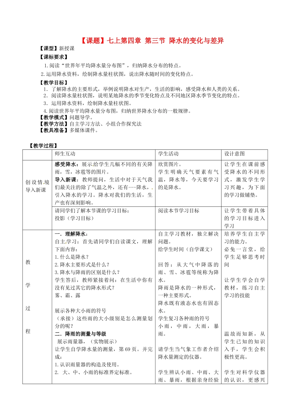山东省滕州市大坞镇大坞中学七年级地理上册《降水的变化与差异》教案 鲁教版_第1页