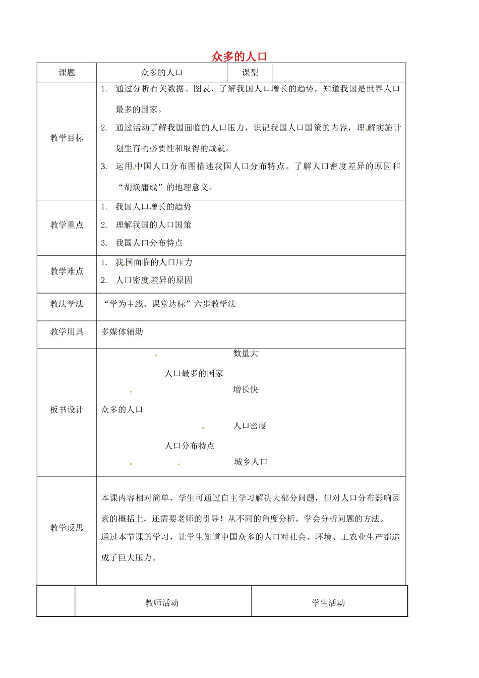 八年级地理上册 1.2 众多的人口教案 （新版）商务星球版-（新版）商务星球版初中八年级上册地理教案_第1页