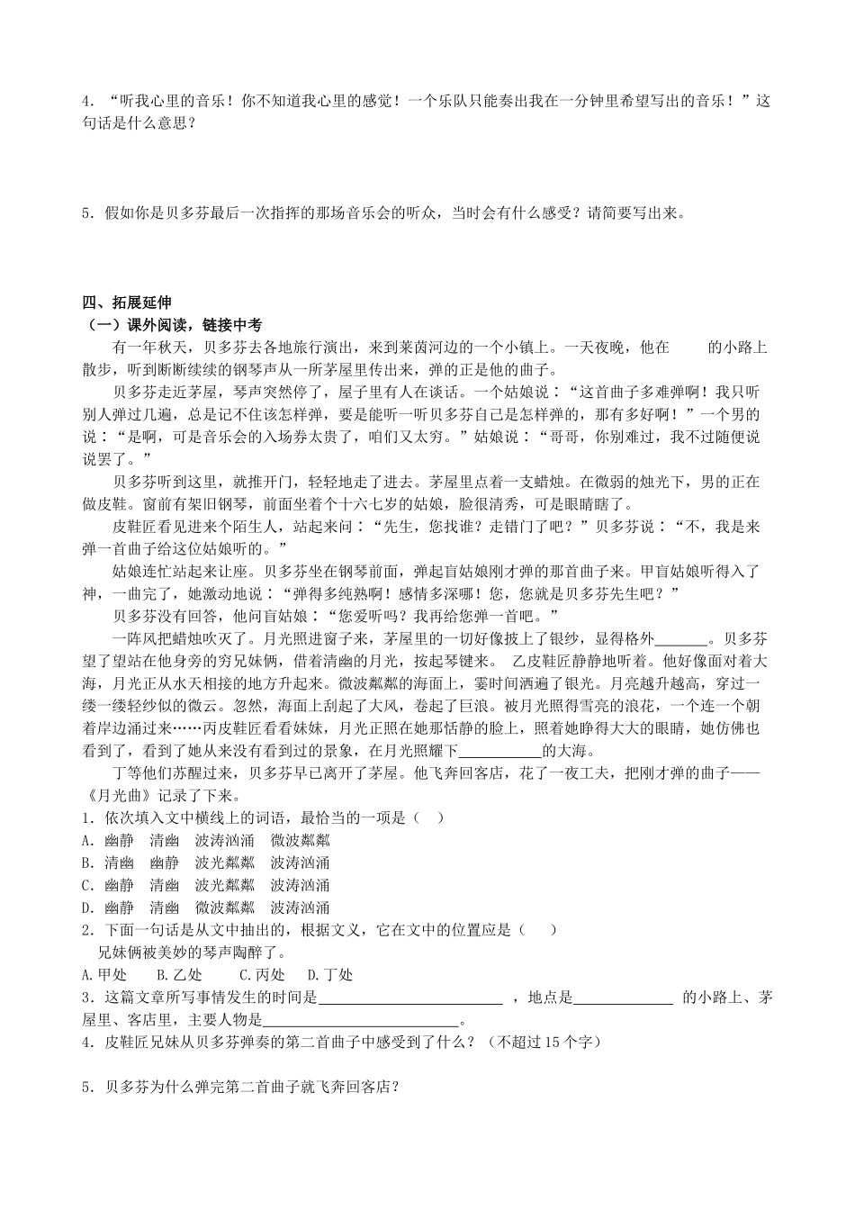 山西省阳泉市七年级语文下册 13《音乐巨人贝多芬》学案（答案不全）（新版）新人教版-（新版）新人教版初中七年级下册语文学案_第3页