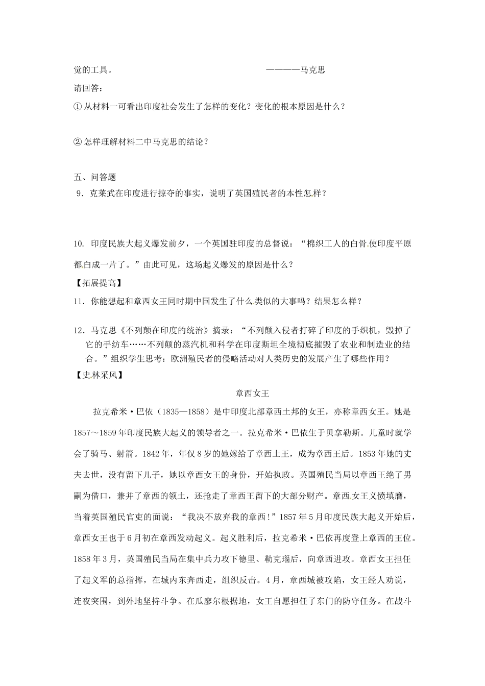九年级历史上册 第21《印度的殖民化和印度人民的抗英斗争》教学设计 华东师大版_第3页