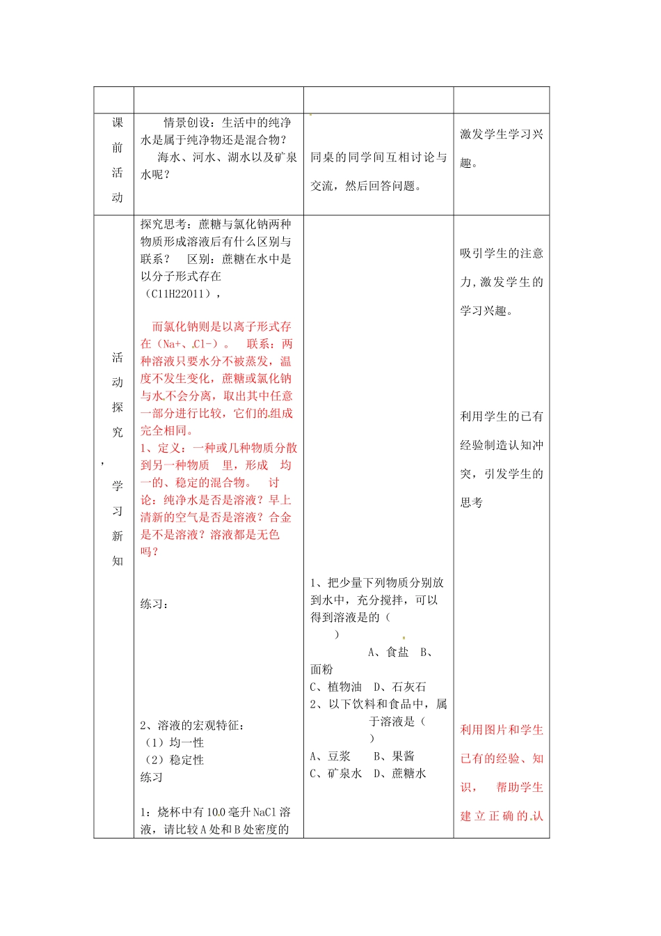 山东省莱州市沙河镇九年级化学全册 第一单元 溶液 第一节 溶液的形成教案 鲁教版五四制-鲁教版五四制初中九年级全册化学教案_第2页