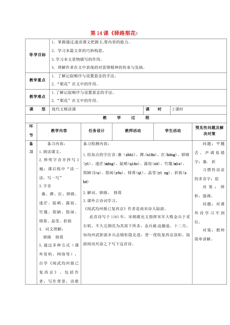 （秋季版）吉林省通化市七年级语文下册 第四单元 14《驿路梨花》导学案1 新人教版-新人教版初中七年级下册语文学案_第1页