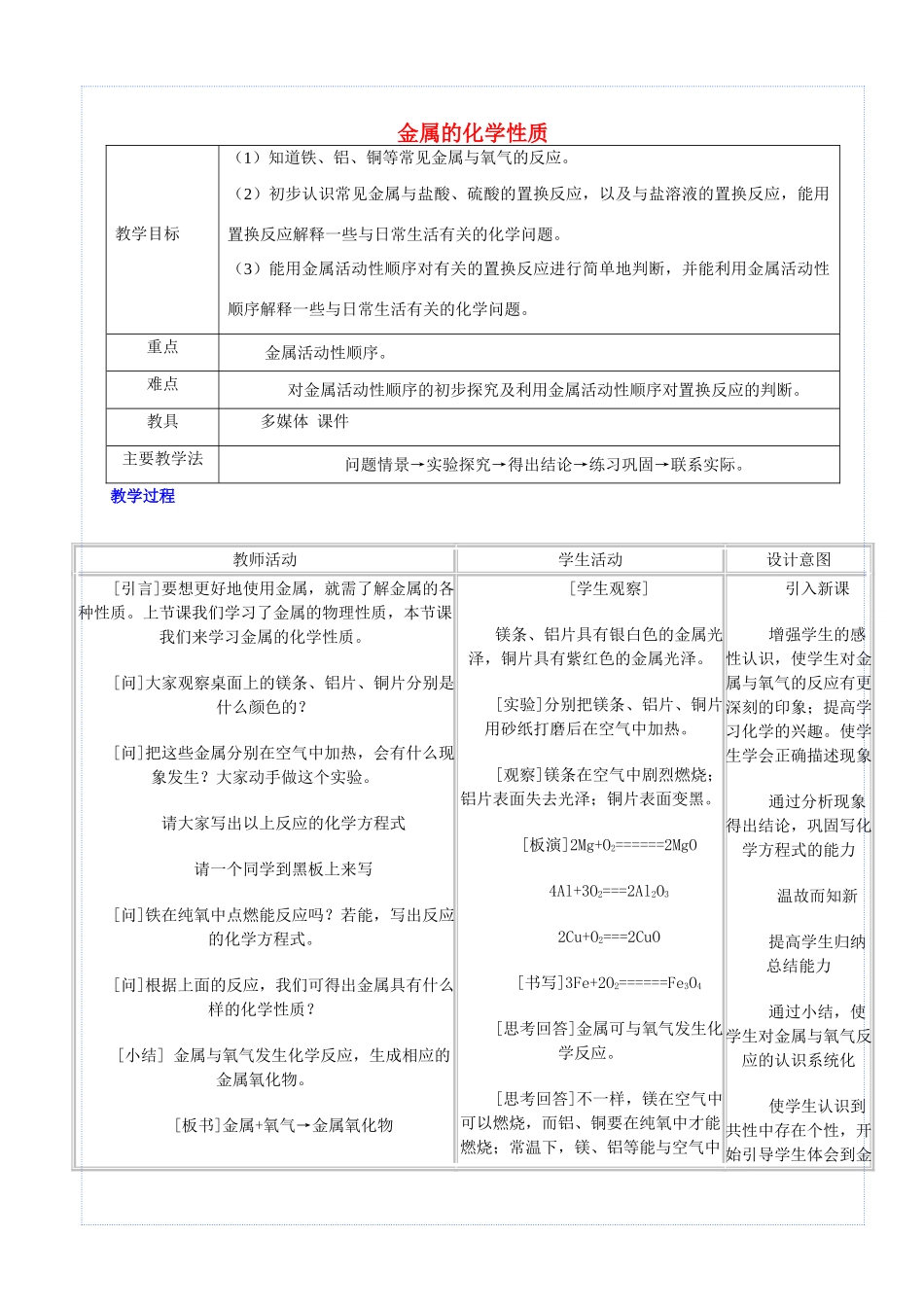 九年级化学下册 第八单元 金属和金属材料 课题2 金属的化学性质教案 （新版）新人教版-（新版）新人教版初中九年级下册化学教案_第1页