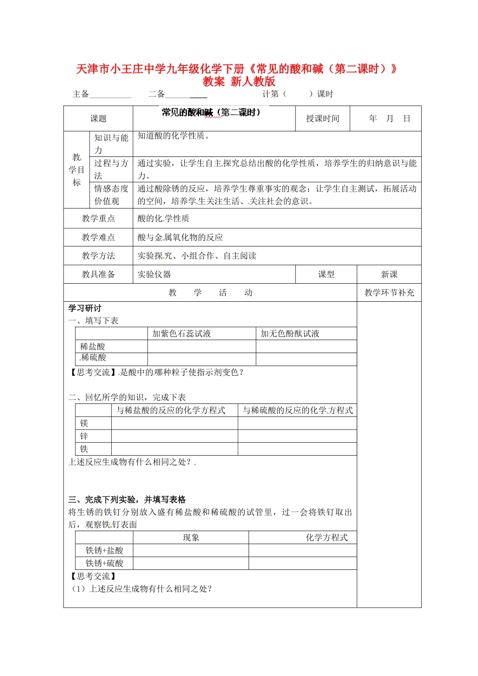 天津市小王庄中学九年级化学下册《常见的酸和碱（第二课时）》教案 新人教版_第1页