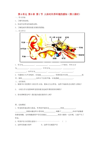 江苏省泰州市永安初级中学七年级生物下册 第4单元 第6章 第1节 人体对外界环境的感知（第2课时）导学案 （新版）新人教版