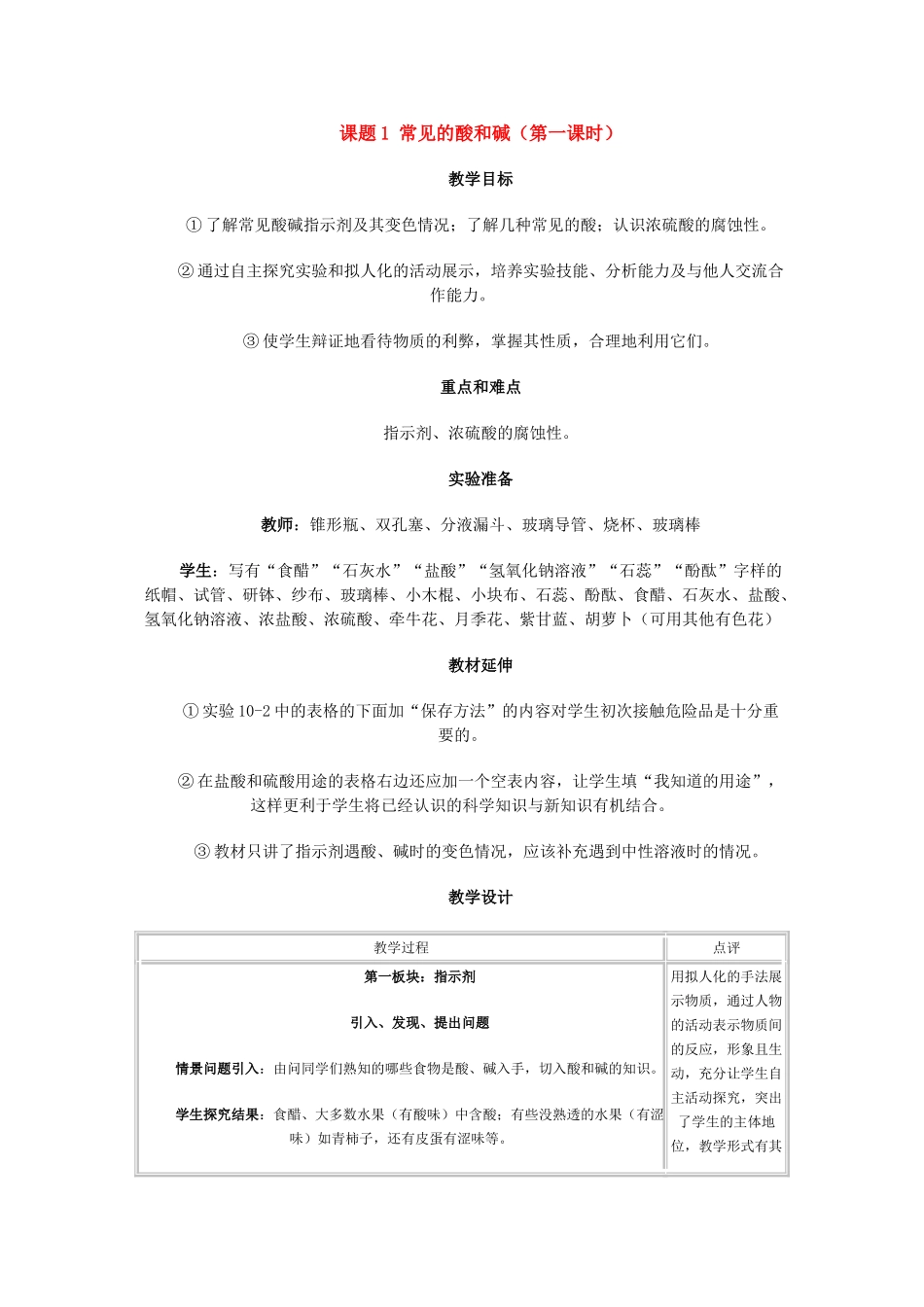 九年级化学第十章酸和碱课题1 常见的酸和碱教案人教版_第1页