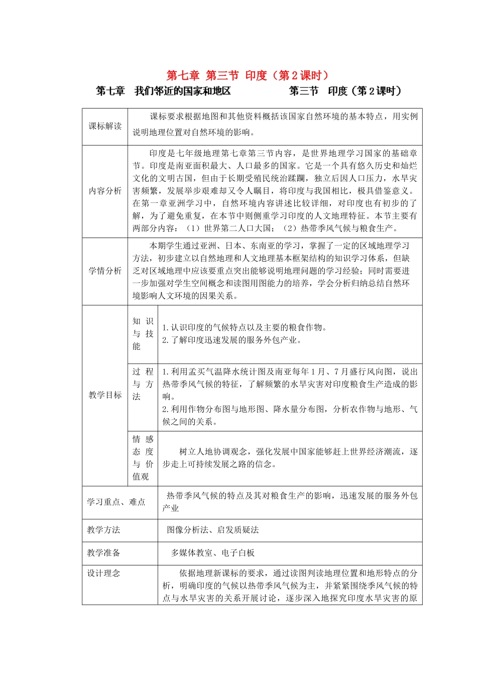 江苏省盐城市盐都县郭猛中学七年级地理下册 第七章 第三节 印度（第2课时）教学设计 （新版）新人教版_第1页