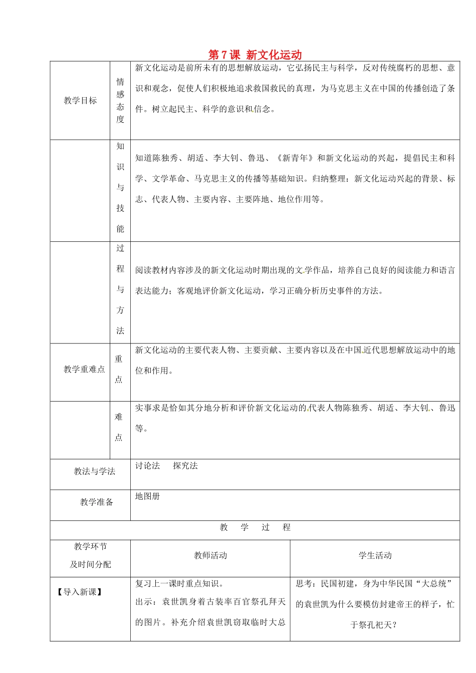 陕西省安康市紫阳县紫阳中学初中部八年级历史上册 第7课 新文化运动教案 华东师大版_第1页