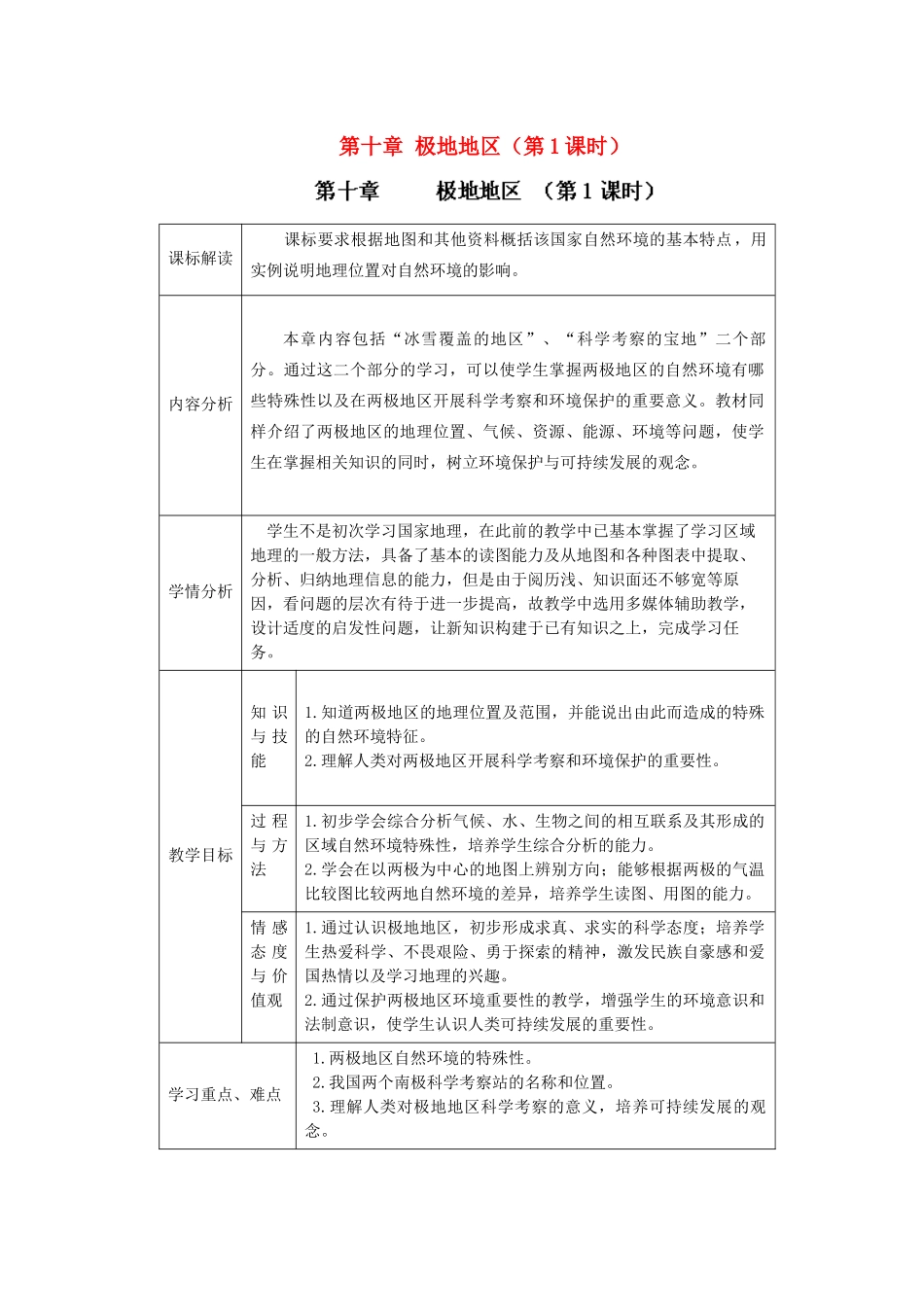 江苏省盐城市盐都县郭猛中学七年级地理下册 第十章 极地地区（第1课时）教学设计 （新版）新人教版_第1页