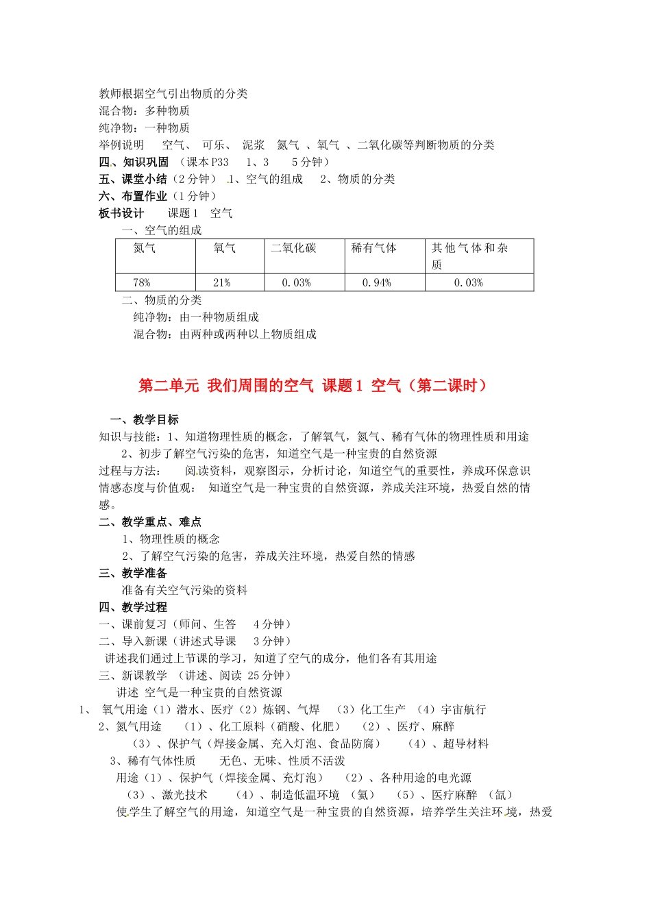 重庆市永川区第五中学校九年级化学上册 第二单元 我们周围的空气 课题1 空气教案 （新版）新人教版_第2页