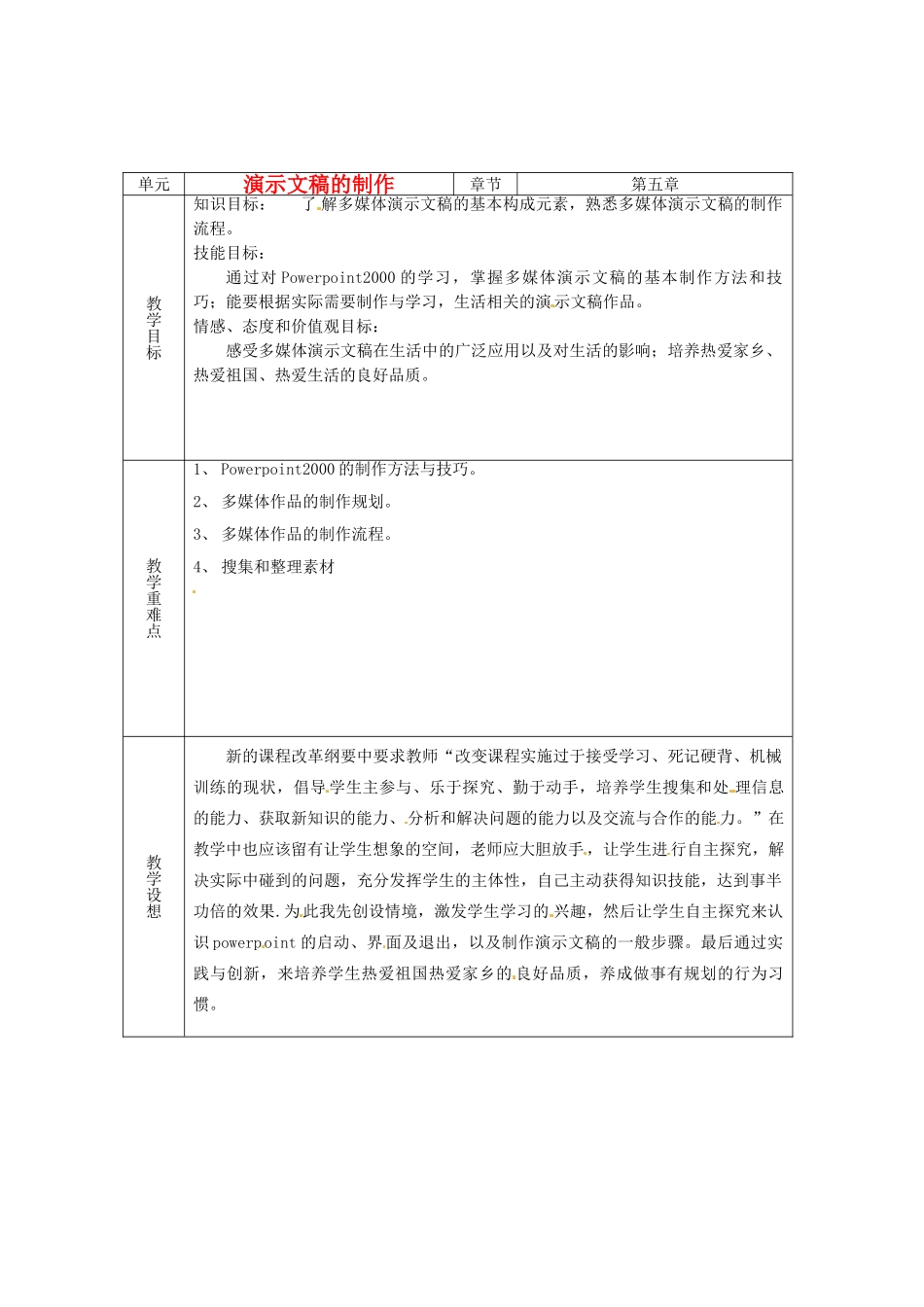 山东省烟台20中中学初中信息技术 《演示文稿的制作》教案_第1页