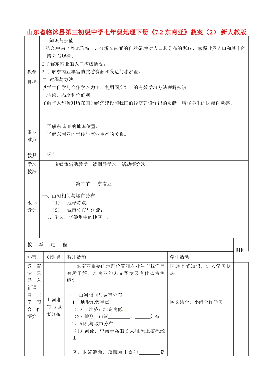 山东省临沭县第三初级中学七年级地理下册《7.2 东南亚》教案（2） 新人教版_第1页