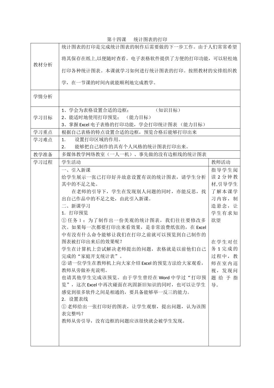 四川省八年级信息技术上册 第14课《统计图表的打印》教学案 新人教版_第1页