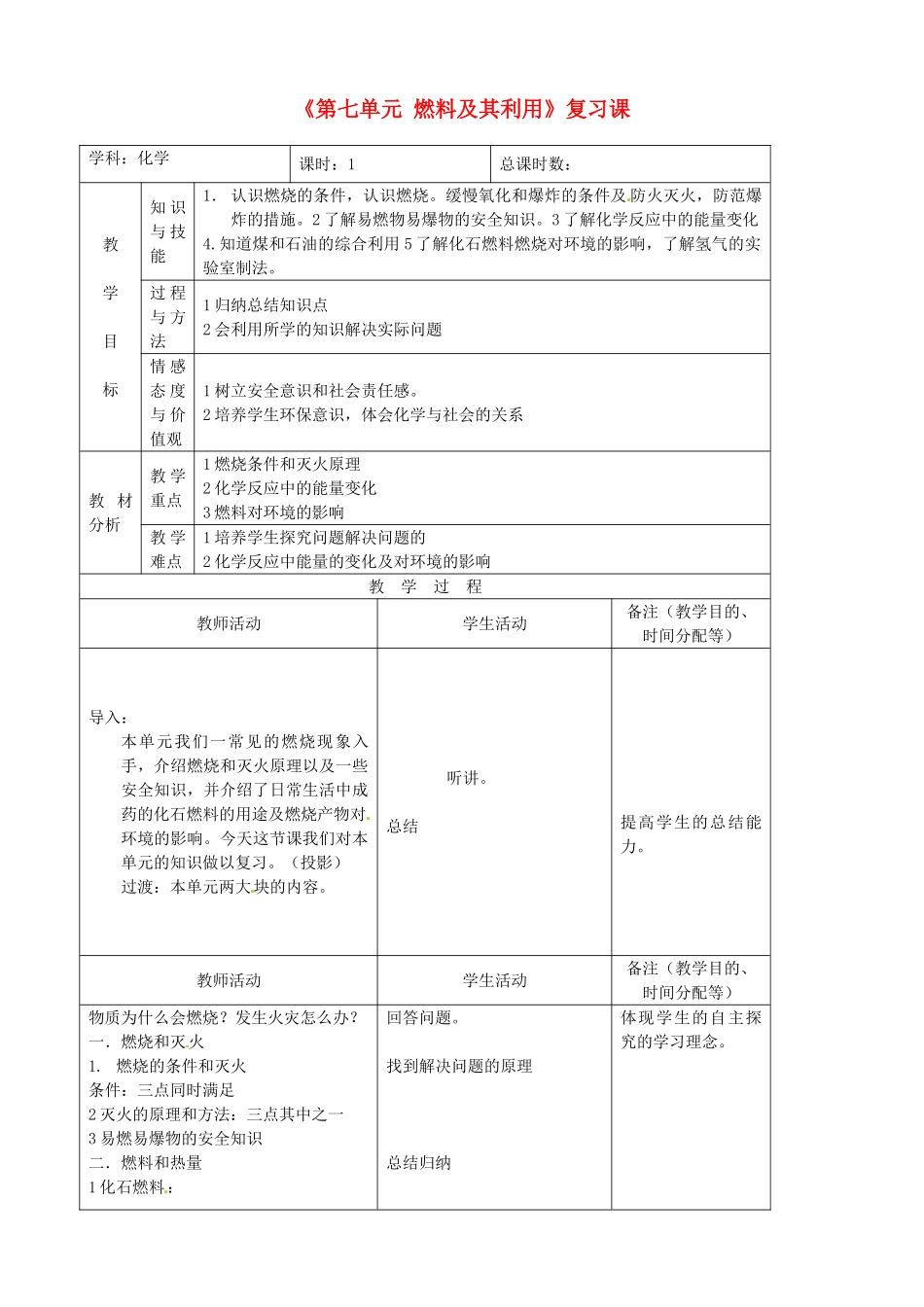 吉林省四平市第十七中学九年级化学上册《第七单元 燃料及其利用》复习课教案1 （新版）新人教版_第1页