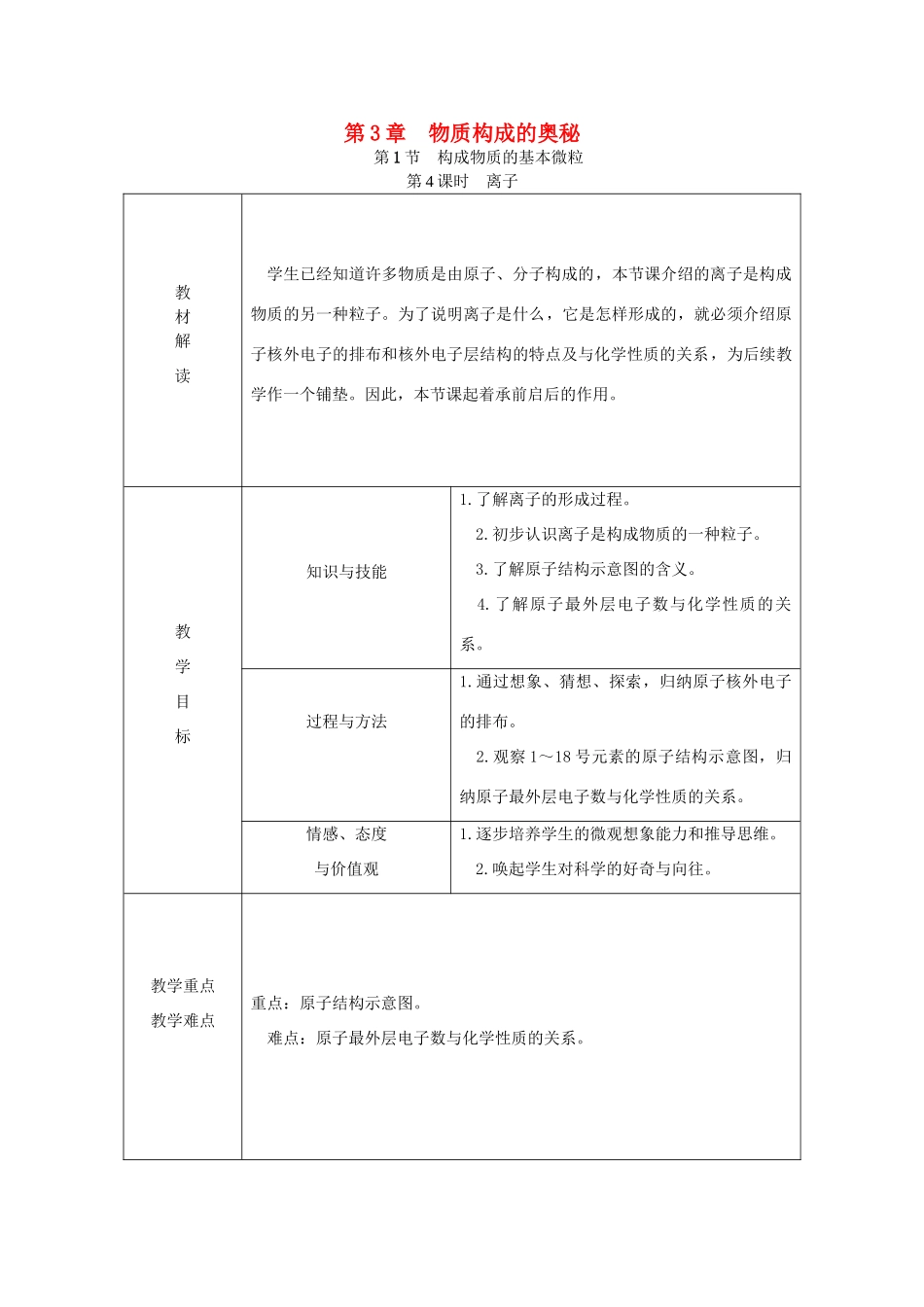 秋九年级化学上册 第3章 物质构成的奥秘 第1节 构成物质的基本微粒 第4课时 离子教案 沪教版-沪教版初中九年级上册化学教案_第1页