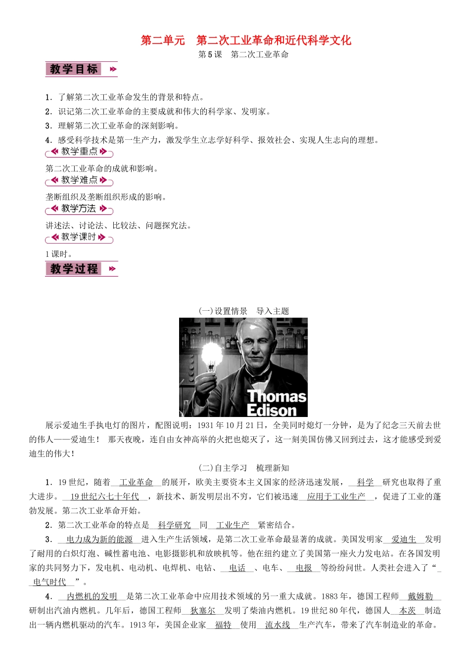九年级历史下册 第二单元 第二次工业革命和近代科学文化 第5课 第二次工业革命教案2 新人教版-新人教版初中九年级下册历史教案_第1页