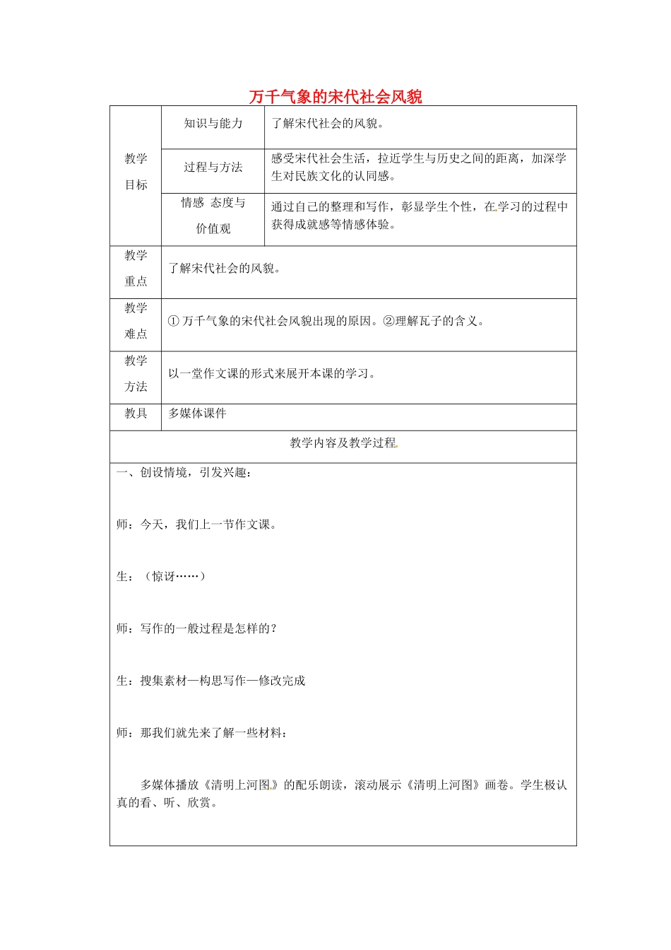 江苏省太仓市第二中学七年级历史下册 11 万千气象的宋代社会风貌教案 新人教版_第1页