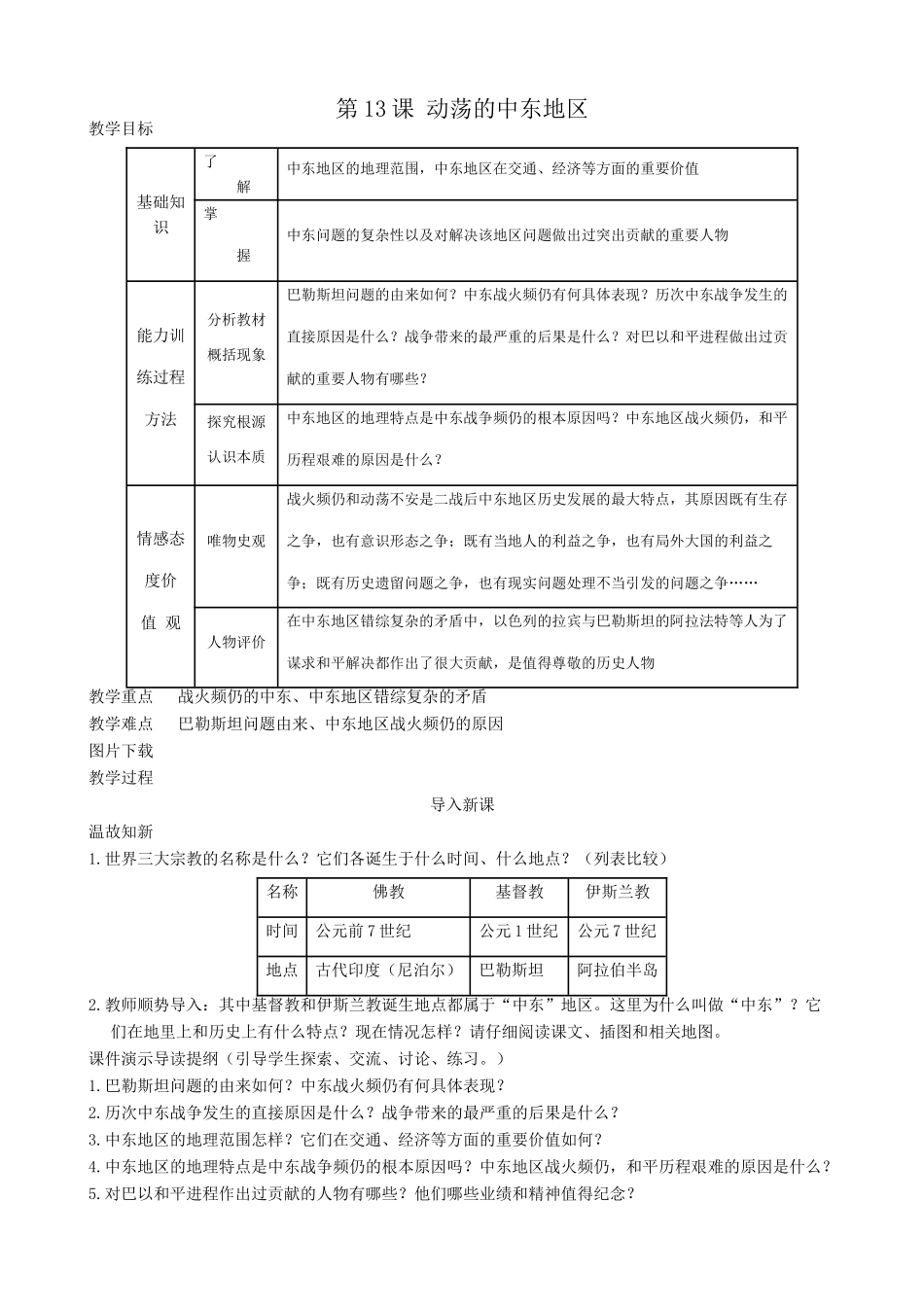 新人教版九年级历史下册13 动荡的中东地区教案_第1页