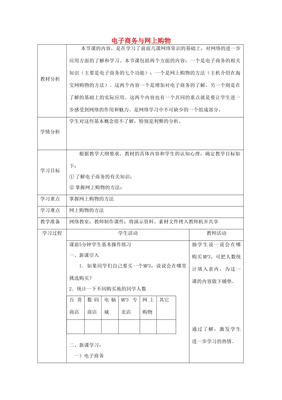 四川省八年级信息技术下册 第9课《电子商务与网上购物》教学案 新人教版_第1页
