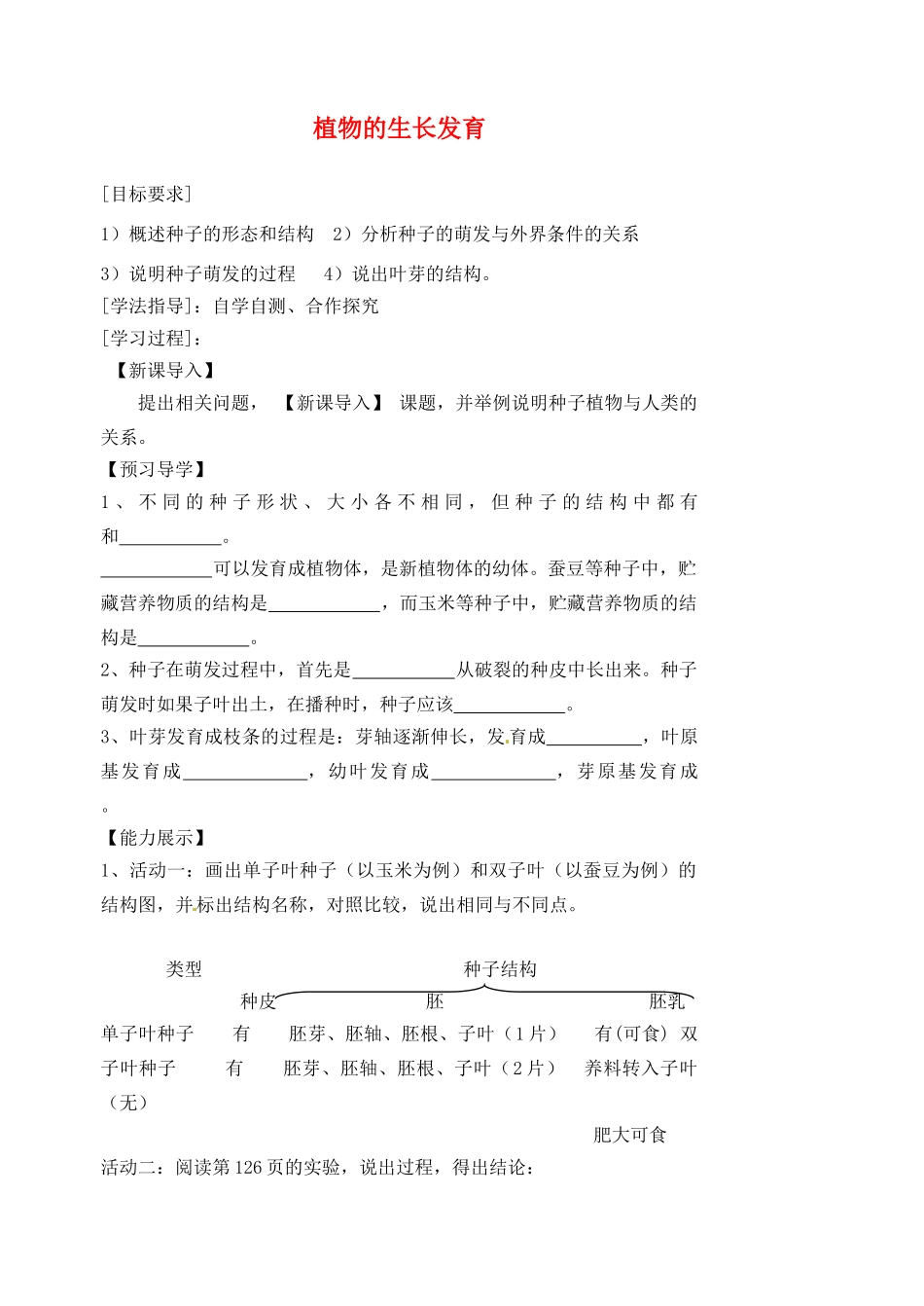 江苏省盱眙县黄花塘中学八年级生物上册 第19章 第2节 植物的生长发育导学案（无答案） 苏科版_第1页