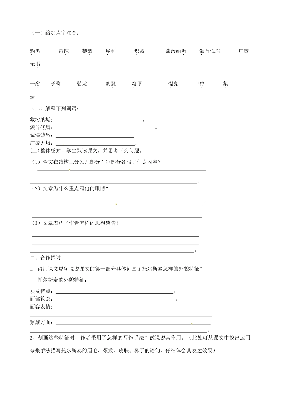 山东省胶南市隐珠街道办事处中学八年级语文下册《第4课 列夫托尔斯泰》学案 人教新课标版_第2页