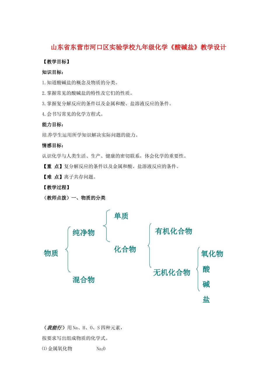 山东省东营市河口区实验学校九年级化学《酸碱盐》教学设计_第1页